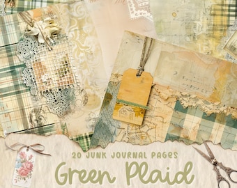 Gröna rutiga skräpjournalsidor, digitala papper, utskrivbara journalsidor, scrapbookkort, papperspyssel, shabby chic-textilier, bakgrund
