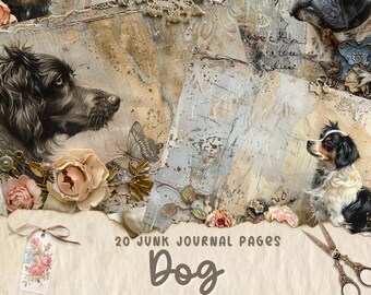 May include: 20 Junk Journal Pages with a Dog theme. The pages feature a variety of images, including dogs, flowers, butterflies, and vintage textures. The pages are perfect for adding to your junk journal or using for other crafting projects.