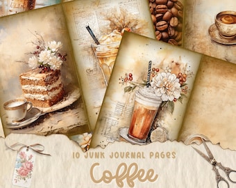 Vintage kaffe skräpjournalsidor, chokladjournalkort, fina dricksglascollagesidor, digitalt collageark med kanel, kaffeälskare