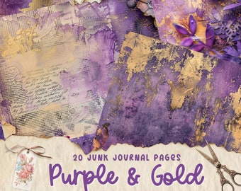 Kit de arte de diario basura de medios mixtos de color púrpura y oro, artículos digitales, páginas de diario imprimibles, japers de diario púrpura y dorado, fabricación de tarjetas