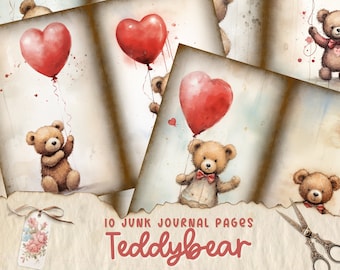 Watercolor Teddy Bear, Printable Junk Journal Pages, Cute Teddy Bear, Digital Collage Sheet, Digital Download Journal Page, Vintage Card
