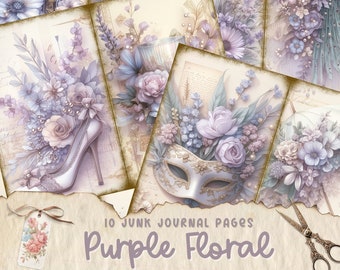 Floral Purple Junk Journal Printable Pages, Vintage Card, Digital Collage Sheet, Flower Junk Journal Kit, Victorian Scrapbook Ephemera