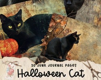 May include: 20 Junk Journal Pages with a Halloween Cat theme. The pages feature black cats on a vintage background with a distressed look.