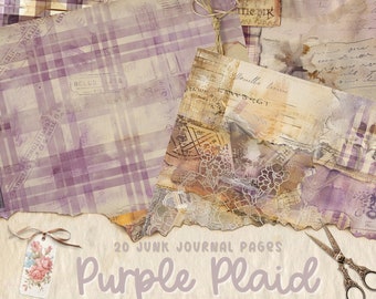 Lila rutiga skräpjournalsidor, digitala papper, utskrivbara journalsidor, scrapbookkort, papperspyssel, shabby chic-textilier, bakgrund