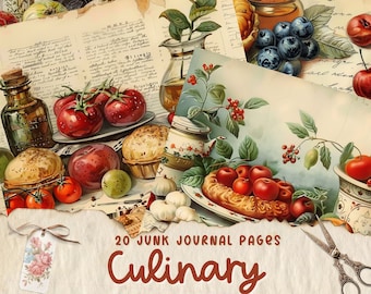 Vintage Cookbook Junk Journal, Watercolor Food Page, Cooking Digital Paper, Scrapbooking, Old Recipe Journal, Printable Kitchen Ephemera