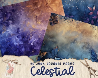 Celestial Junk Journal Pages, Digital Scrapbook Paper Kit, Vintage Ephemera, Digital Background, Scrapbook Printable, Mystical Collage Sheet