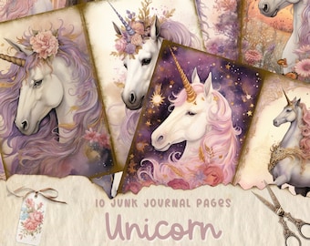 Fantasy Unicorn Junk Journal Kit Journal Pages, Unicorn Flowers Junk Journal Printable Paper, Digital Collage Sheet, Instant Download