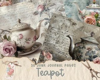 Vintage Teapot Junk Journal Printable Pages, Floral Tea Junk Journal Kit, Junk Journal Paper, Vintage Ephemera, Shabby Chic Scrapbook Supply