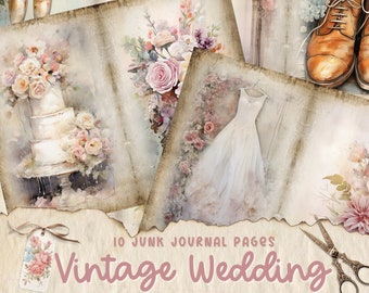 Vintage Wedding Junk Journal Kit, Printable JPG Pages, Marriage Love, Cupid Heart, Dove, Bridal Digital Paper, Digital Download