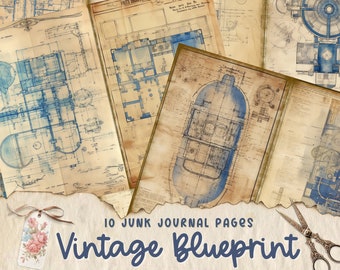 Vintage Blueprint Junk Journal Pages, Printable Collage Sheet, Digital Scrapbook Paper Kit, Antique Ephemera, House Plan Patent Drawings