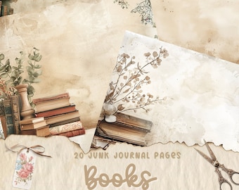 Floral Books Junk Journal Pages, Digital Scrapbook Paper Kit, Bibliotheek afdrukbaar, Academia Ephemera, Collageblad lezen, Stationair papier