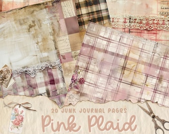 Rosa rutiga skräpjournalsidor, digitala papper, utskrivbara journalsidor, scrapbookkort, papperspyssel, shabby chic-textilier, bakgrund