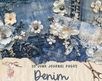 Denim Junk Journal Page Bundle, Textile Collage Sheets, Patchwork Digital Scrapbooking, Floral Lace, Vintage Ephemera, Shabby Chic Paper