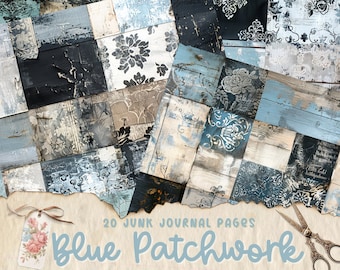 Blue Patchwork Junk Journal Pages, Digital Papers, Printable Journal Pages, Scrapbook Cards, Paper Craft, Shabby Chic Textiles, Patch Work