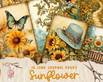 Sunflowers Junk Journal Pages, Vintage Sunflowers Junk Journal Kit, Junk Journal Printable Paper, Digital Collage Sheet, Instant Download