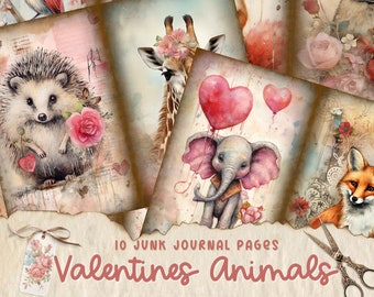 Könnte beinhalten: Zehn digitale druckbare Junk-Journal-Seiten mit Aquarell-Illustrationen verschiedener Tiere mit Valentinstag-Motiven. Zu den Tieren gehören ein Igel, eine Giraffe, ein Elefant, ein Fuchs, ein Kaninchen, ein Eichhörnchen und ein Vogel. Die Seiten haben eine Vintage-Ästhetik mit abgerissenen Rändern und verblassten Hintergründen.