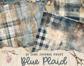 Blårutiga skräpjournalsidor, digitala papper, utskrivbara journalsidor, scrapbookkort, papperspyssel, shabby chic-textilier, bakgrund