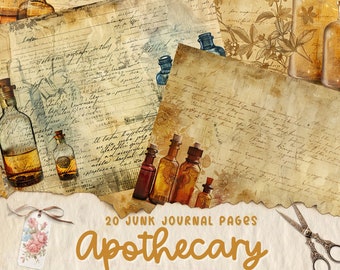 May include: 20 vintage-style paper pages with a distressed, aged look. The pages feature handwritten text, botanical illustrations, and images of apothecary bottles. The text on the pages includes the words "Apothecary" and "Junk Journal Pages".