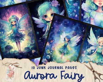 May include: Ten digital printable journal pages featuring whimsical illustrations of fairies with iridescent wings and glowing lights. The fairies are surrounded by flowers and stars in a watercolour style.