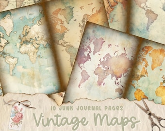 May include: Ten vintage world map journal pages with a distressed, aged look. The pages are perfect for scrapbooking, junk journaling, or adding a unique touch to your crafts.