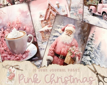 Könnte beinhalten: Pinkfarbene Weihnachts-Junk-Journal-Seiten mit Bildern eines rosa Hauses, eines Rehs, eines Weihnachtsmanns, einer Tasse heißer Schokolade und einer Hütte. Der Text "10 Junk Journal Pages Pink Christmas" befindet sich am unteren Rand des Bildes.