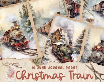 Christmas Train Junk Journal Kit, Vintage Train Christmas Junk Journal Pages, Cozy Scene Junk Journal Printable Paper, Digital Collage Sheet