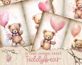 Watercolor Teddy Bear, Printable Junk Journal Pages, Cute Teddy Bear, Digital Collage Sheet, Digital Download Journal Page, Vintage Card