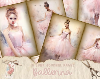 Ballet Junk Journal Pages, Digital Floral Collage Sheet, Printable Scrapbook Kit, Shabby Chic Rose, Vintage Ephemera, Ballerina Theme Paper