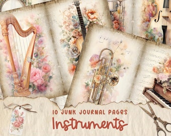 Vintage Music Junk Journal Pages, Digital Scrapbook Paper Kit, Musical Instruments Printable, Collage Sheet, Sheet Music Ephemera, Old Piano