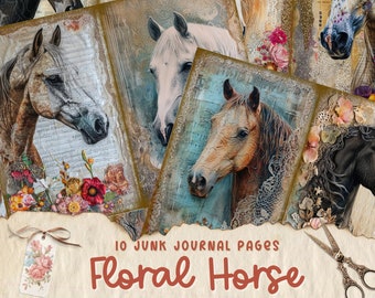 Horse Junk Journal Papers Kit, Animal Ephemera, Printable Download, Mixed Media, Collage Sheet, Instant Pet, Flower Decoupage, Shabby Chic