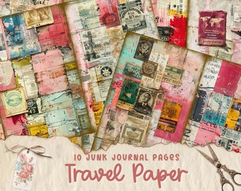 Páginas de diário de lixo de viagem vintage, coisas efêmeras florais digitais, folha de colagem surrada para impressão, mala antiga, kit de papel de férias para álbum de recortes