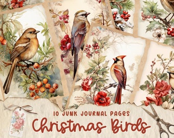 May include: A collection of ten junk journal pages featuring watercolor illustrations of birds, berries, and floral elements. The pages have a vintage aesthetic with torn edges and a neutral color palette. The text "Christmas Birds" is displayed in a decorative font.