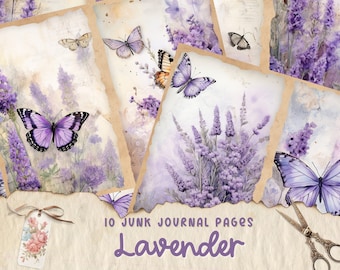 May include: Ten digital printable junk journal pages featuring lavender flowers and butterflies. The pages have a vintage, distressed look and are perfect for adding to your journals, scrapbooks, or other paper crafts.