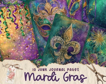 May include: Ten digital scrapbook paper pages with a Mardi Gras theme. The pages feature a variety of designs, including masks, fleur-de-lis, and confetti. The colors are purple, green, and gold.