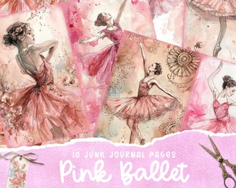 Pink Ballerina Junk Journal, Digital Floral Collage Sheet, Printable Scrapbook Kit, Shabby Chic Rose, Vintage Ephemera, Ballet Theme Paper