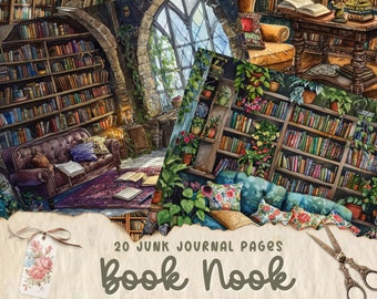 May include: 20 Junk Journal Pages - Book Nook. Watercolor illustration of a cozy book nook with a bookshelf, a couch, and a lamp. The scene is filled with plants and books.