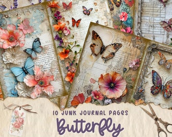 Könnte beinhalten: Zehn digitale Junk-Journal-Seiten mit Vintage-Hintergründen mit Schmetterlingen, Blumen und handschriftlichem Text. Die Seiten sind perfekt zum Hinzufügen zu Ihren eigenen Junk-Journals oder für die Verwendung in anderen Papierarbeiten.