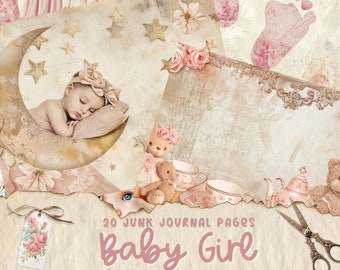 Op de afbeelding: Een set van 20 digitale scrapbook-papieren met een vintage babymeisje-thema. De papieren bevatten verschillende ontwerpen, waaronder sterren, bloemen en babyvoetjes. De papieren zijn perfect voor het maken van babymeisje-scrapbookpagina's, kaarten en andere knutselprojecten.