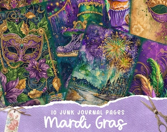 May include: Ten digital printable junk journal pages with a Mardi Gras theme. The pages feature a variety of designs, including masks, fireworks, cupcakes, and alligators. The pages are in shades of purple, green, and gold.