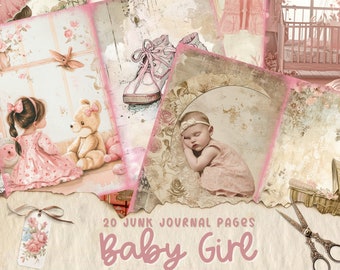 Peut inclure: Un collage numérique de 20 pages de journal de rebut imprimables sur le thème d'une petite fille. Les pages présentent des images d'un bébé endormi, d'un bébé portant des chaussures, d'un bébé avec un ours en peluche et d'un bébé dans un berceau. Les pages sont décorées de fleurs, de cœurs et d'autres embellissements. Le texte "20 Junk Journal Pages Baby Girl" est imprimé en bas du collage.