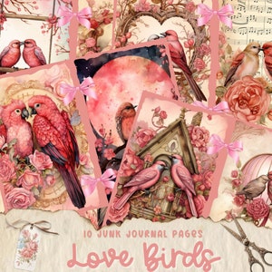 Papel de diario basura de pájaros del día de San Valentín, Te amo imprimible, Descarga digital del diario basura, Diario basura imprimible, Páginas del diario romántico