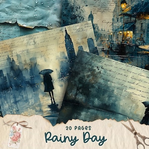 Regen Collage, Junk Journal, Regenschirm Papier, Frühlingsseiten, Handschrift Regenwetter Printables, Decoupage, Scrapbooking, digitaler Download