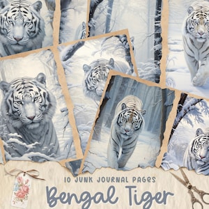 White Bengal Tiger Junk Journal Pages, Manualidades, Descarga digital, Libro de chatarra, Imprimible, Vintage Junk Journal Digi Kit, Diario, Nieve, Invierno