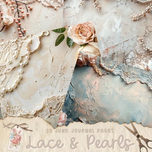 Pages de journal indésirable shabby chic, roses roses, perles, dentelle, kit de papier journal imprimable, téléchargement numérique, fournitures de scrapbooking, papier kraft