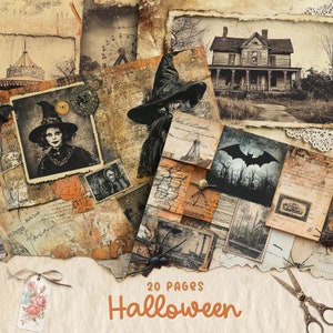 Pages imprimables du journal Halloween Junk Journal, kit de papier pour scrapbooking numérique, feuille de collage, éphémères vintage, téléchargement, papier craft effrayant, gothique