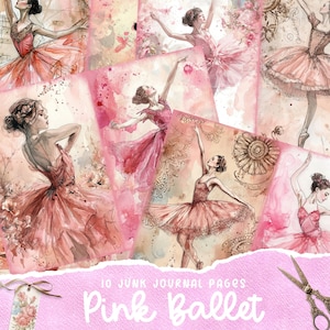 Rosa Ballerina Junk Journal, digitales Floral Collage Sheet, printable Scrapbook Kit, Shabby Chic Rose, Vintage Ephemera, Ballett Thema Papier
