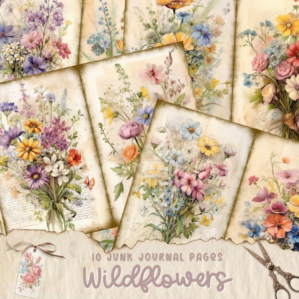 Watercolor Wildflowers Junk Journal Printable Page, Flowers Junk Journal Kit, Junk Journal Paper Digital Collage Sheet, Instant Download