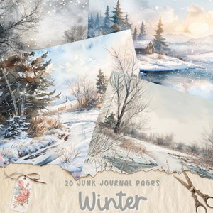 Kit de diario basura de invierno, páginas de diario imprimibles de collage de nieve, papel digital vintage para scrapbooking, fondo de invierno Shabby Chic