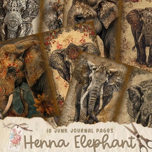 Páginas de diário de lixo de elefante, padrão de henna, texturas indianas, étnico, papel de álbum de recortes, download digital, plano de fundo, criação de cartão digital