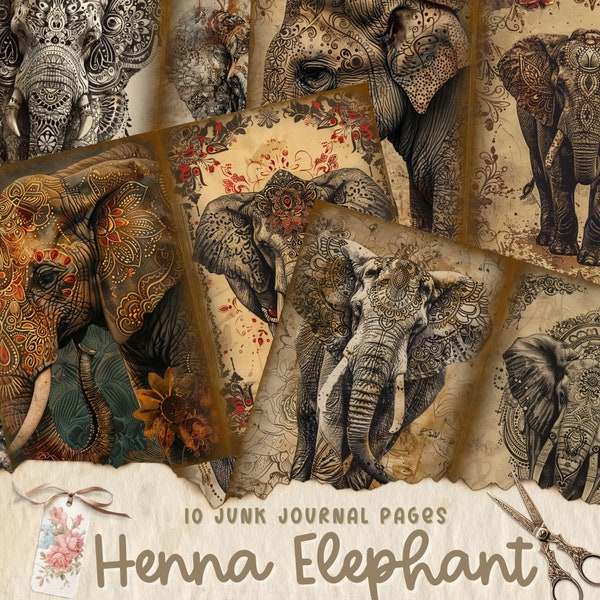 Elephant Junk Journal Pages, Henna Pattern, Indian Textures, Ethnic, Scrapbook Paper, Digital Download, Background, Digital Card Making